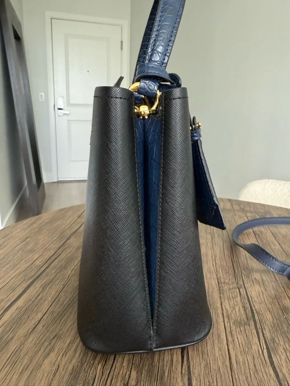 Prada Black Saffiano Leather Bucket Satchel with Navy Trim - Picture 6 of 9